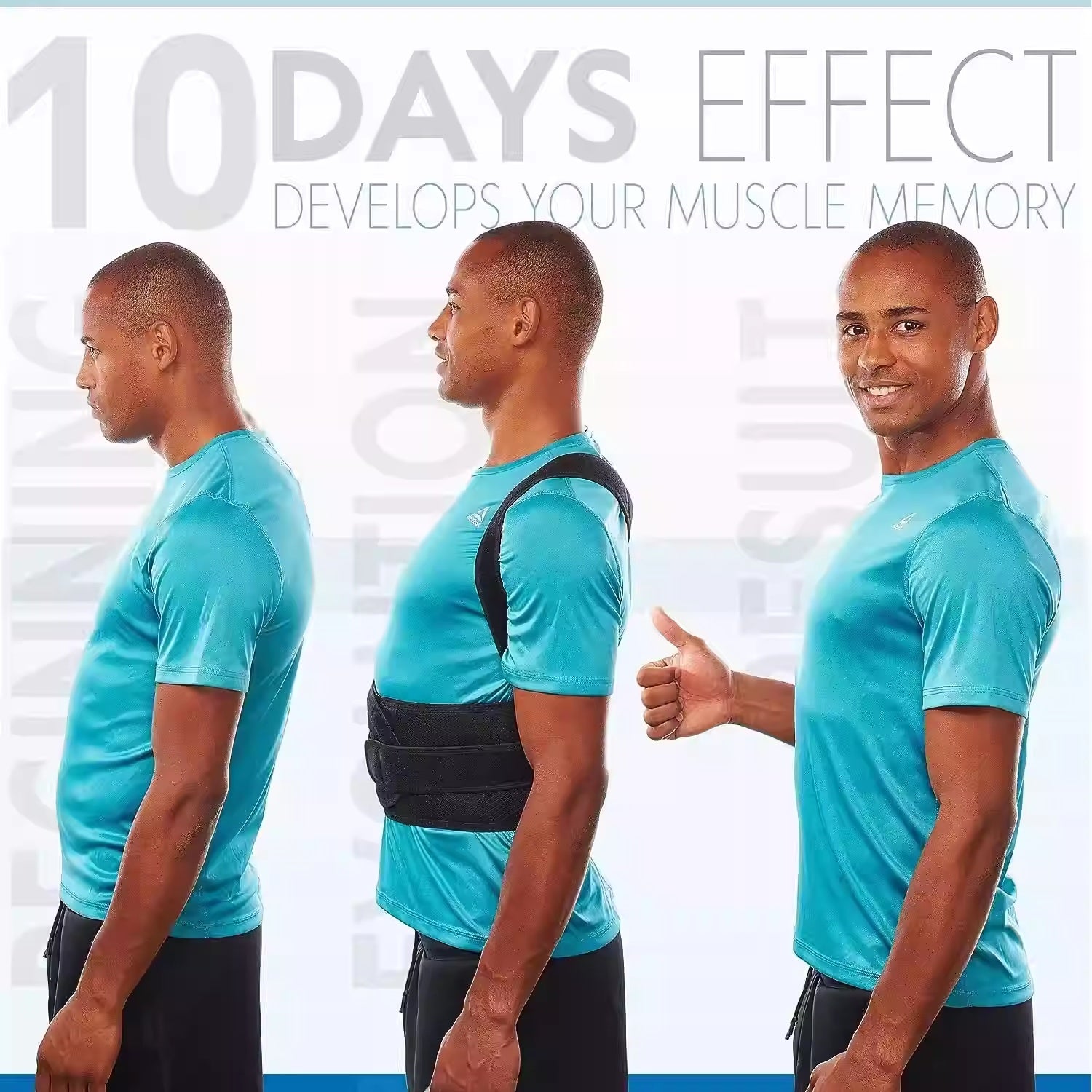 Back Support Posture Corrector displayed on a model showcasing muscle memory development over 10 days.