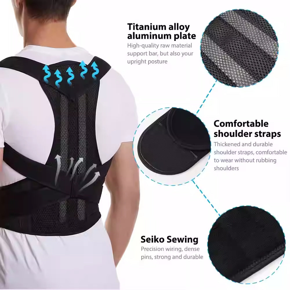Back Support Posture Corrector showing features like titanium alloy plate and comfortable shoulder straps.