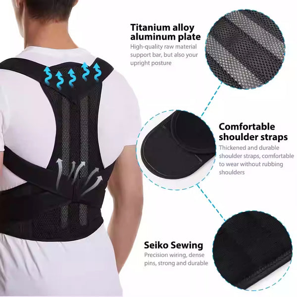 Back Support Posture Corrector showing features like titanium alloy plate and comfortable shoulder straps.